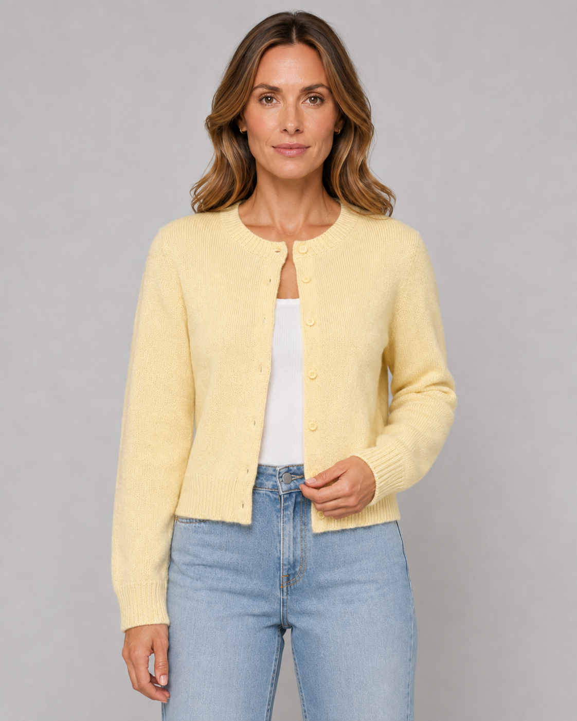 Women's Knitted Button Cardigan - Crew Neck Cropped Relaxed Fit