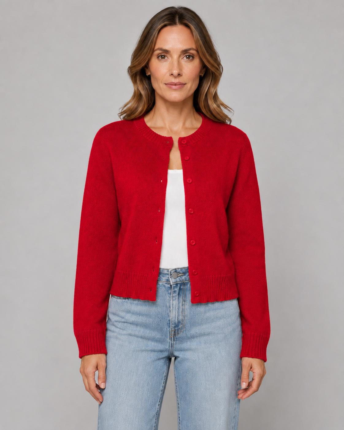 Women's Knitted Button Cardigan - Crew Neck Cropped Relaxed Fit