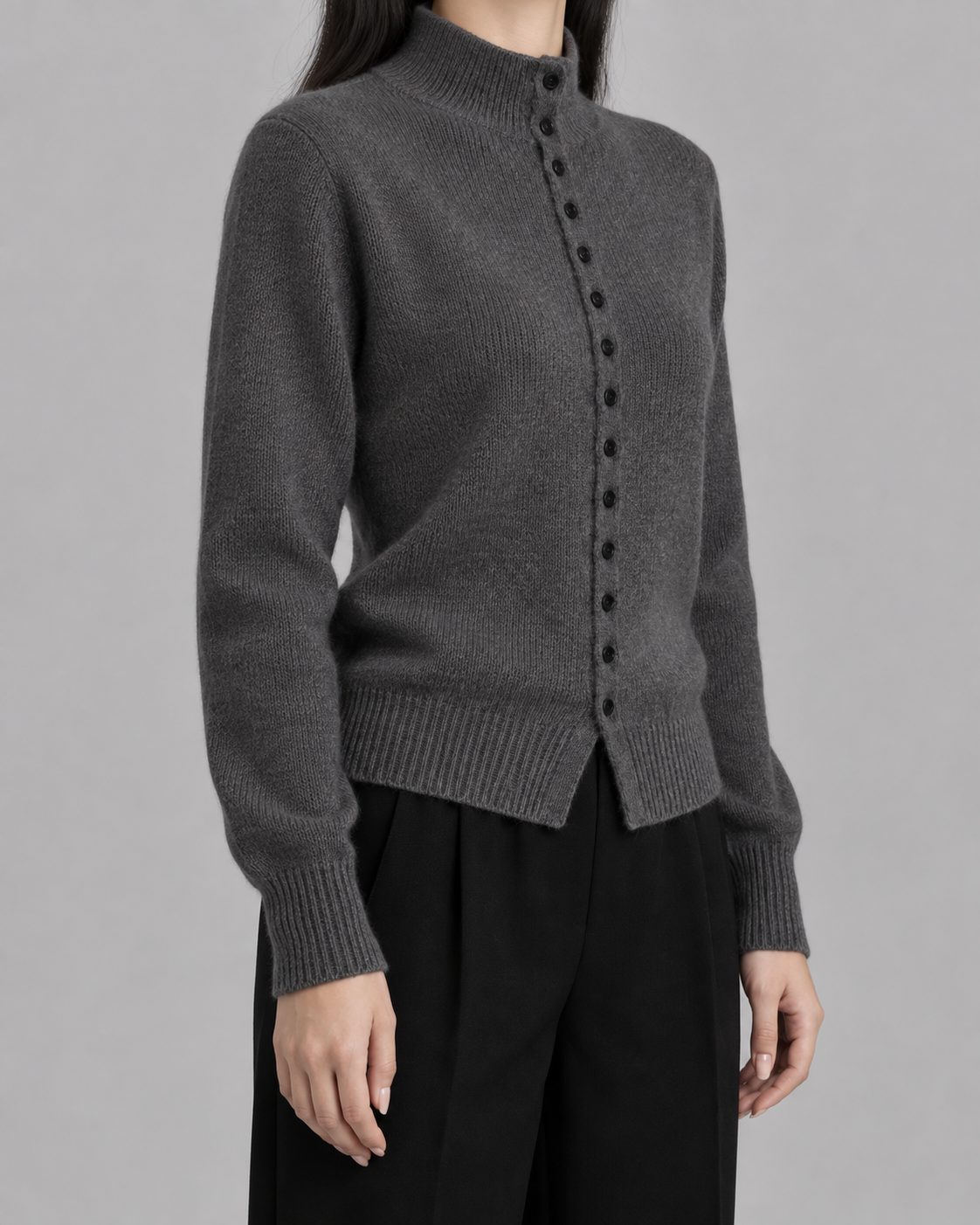 Women’s Knitted Button Cardigan – Mock Neck Long Sleeve Regular Fit