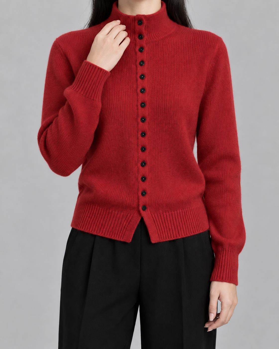Women’s Knitted Button Cardigan – Mock Neck Long Sleeve Regular Fit
