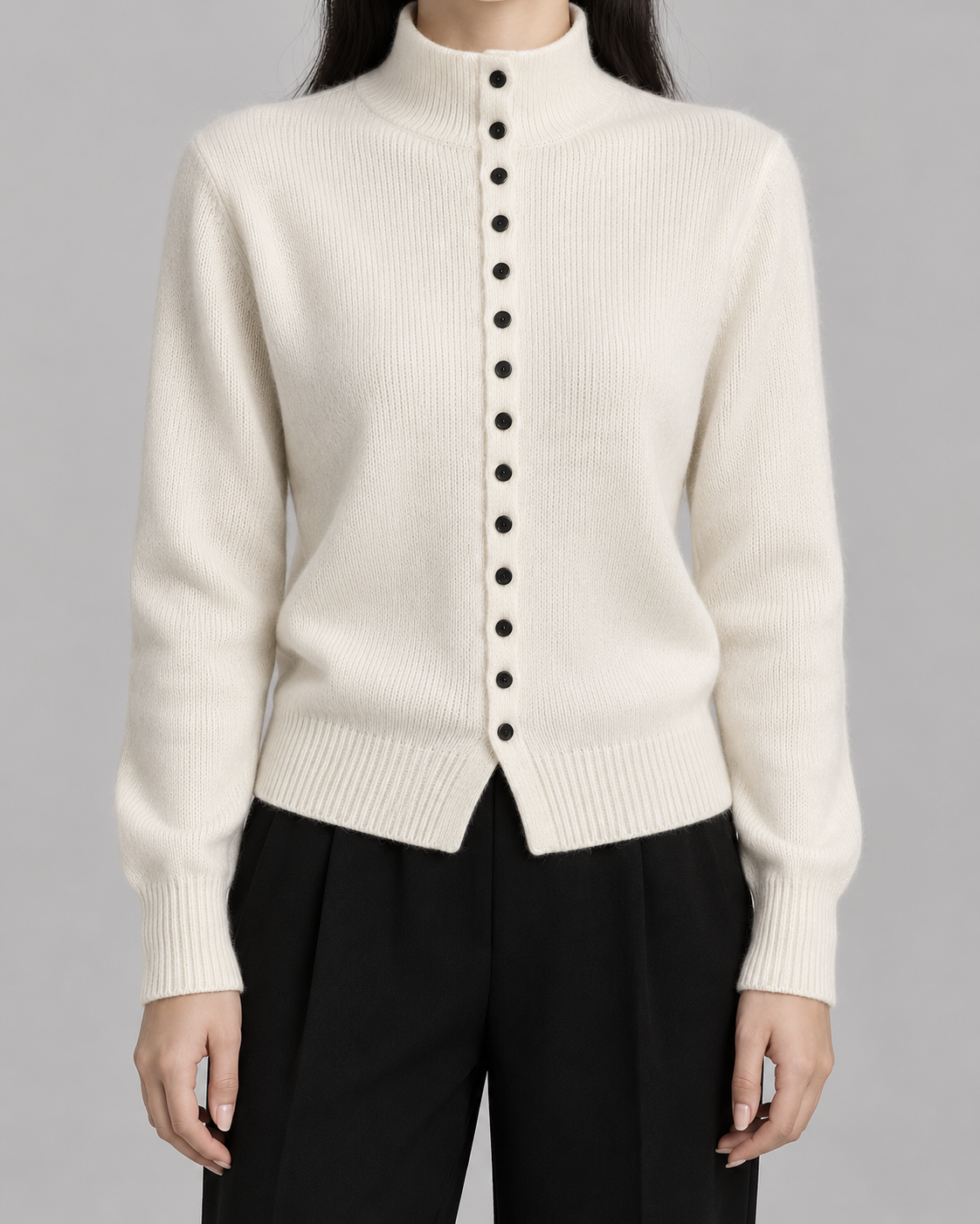 Women’s Knitted Button Cardigan – Mock Neck Long Sleeve Regular Fit