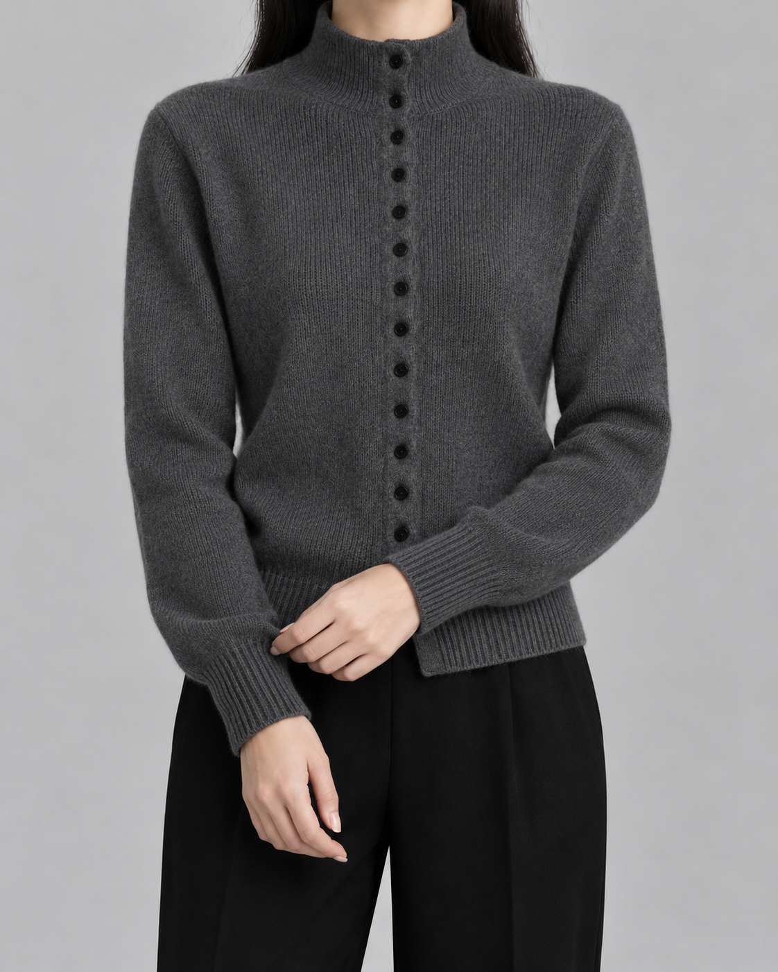 Women’s Knitted Button Cardigan – Mock Neck Long Sleeve Regular Fit