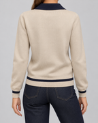 Women's Knitted Polo Sweater - Button Placket Contrast Trim