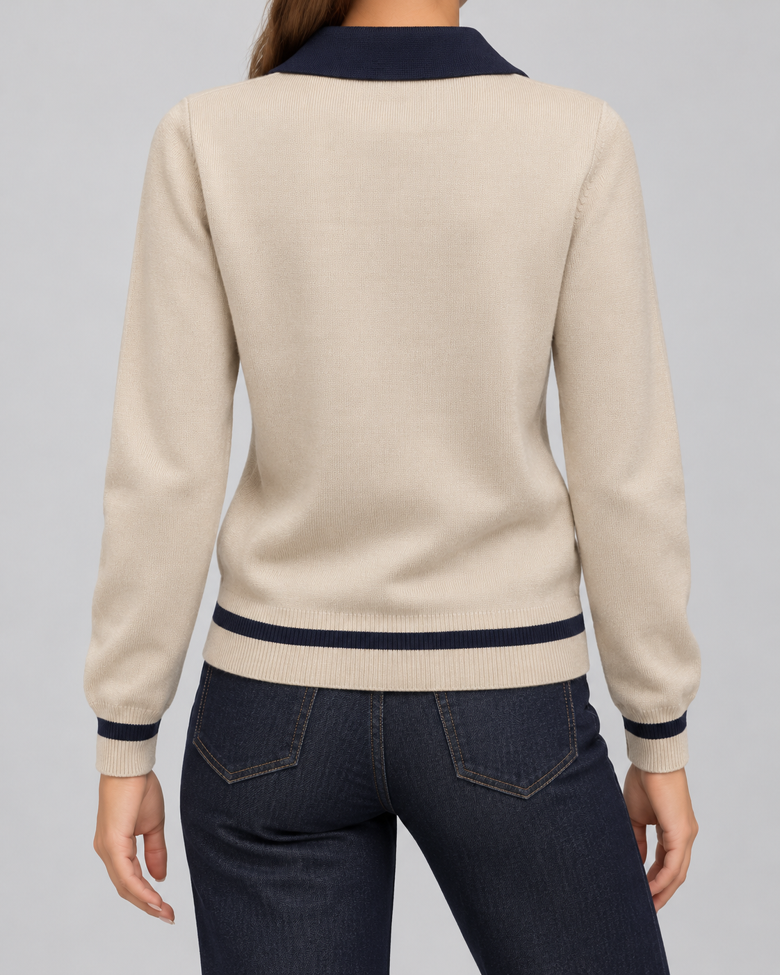 Women's Knitted Polo Sweater - Button Placket Contrast Trim
