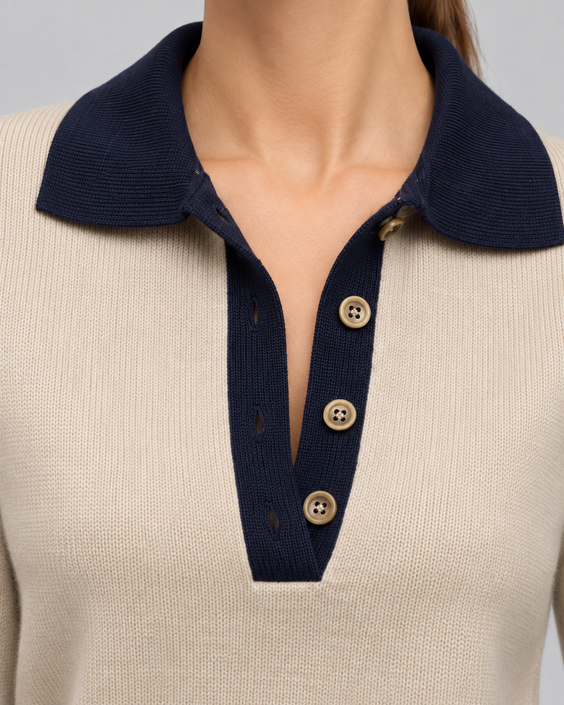 Women's Knitted Polo Sweater - Button Placket Contrast Trim