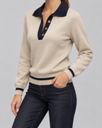 Women's Knitted Polo Sweater - Button Placket Contrast Trim