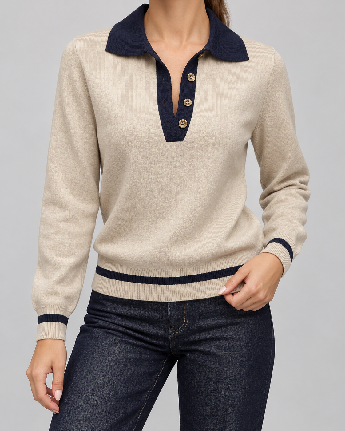 Women's Knitted Polo Sweater - Button Placket Contrast Trim