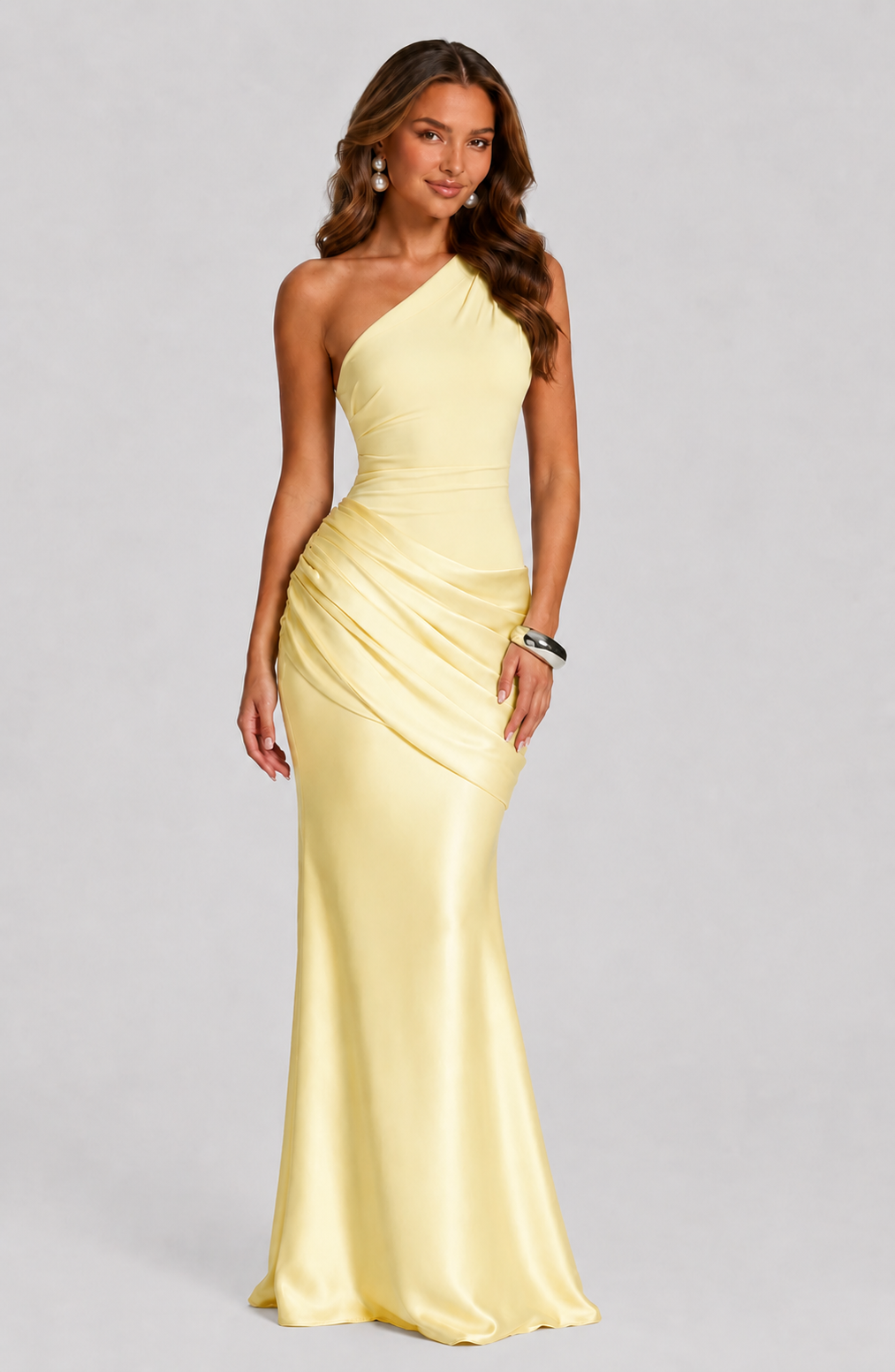 Women's One Shoulder Satin Maxi Dress with Draped Waist