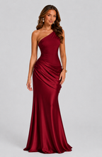 Women's One Shoulder Satin Maxi Dress with Draped Waist