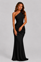 Women's One Shoulder Satin Maxi Dress with Draped Waist