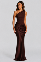 Women's One Shoulder Satin Maxi Dress with Draped Waist