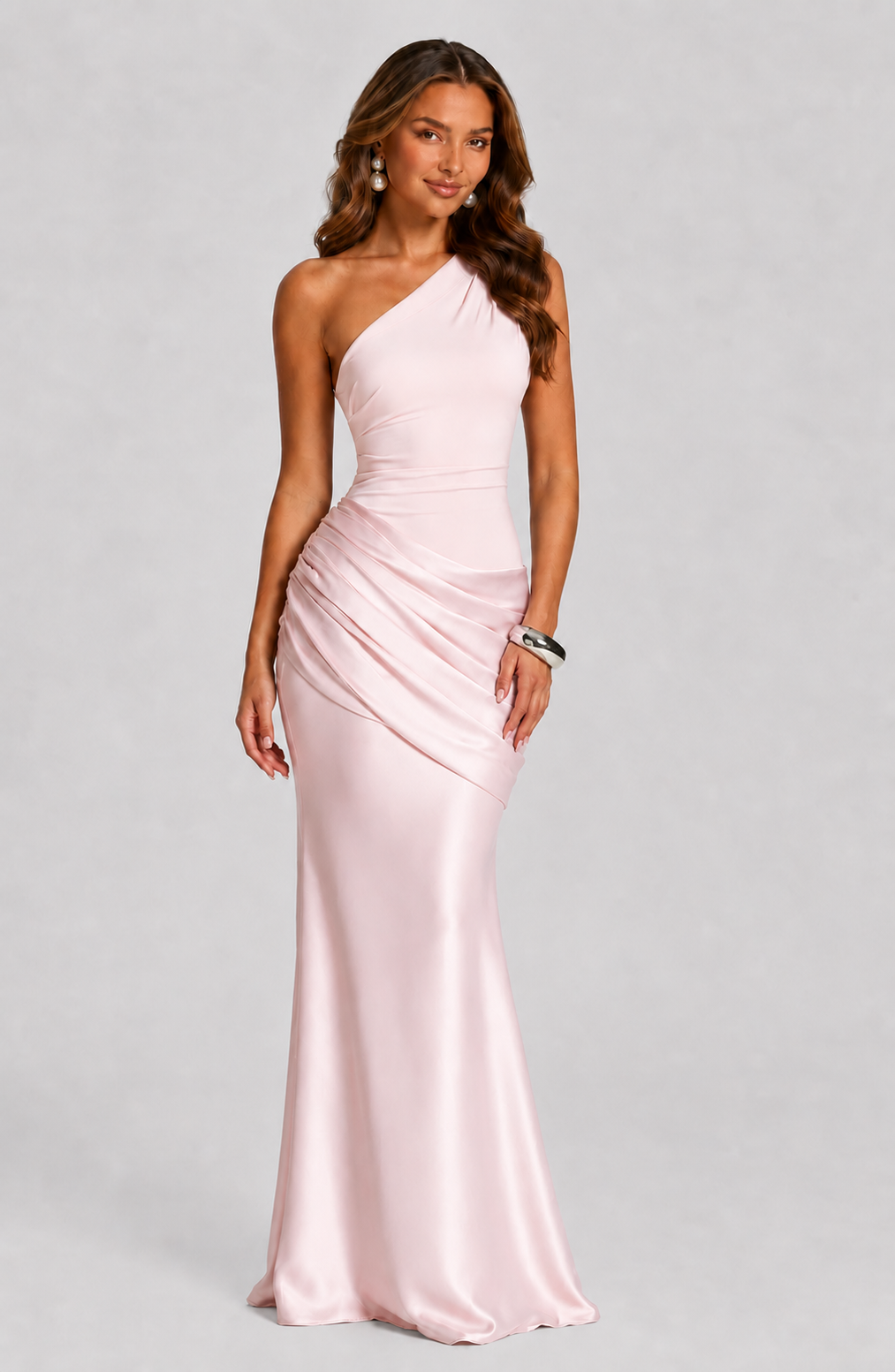 Women's One Shoulder Satin Maxi Dress with Draped Waist