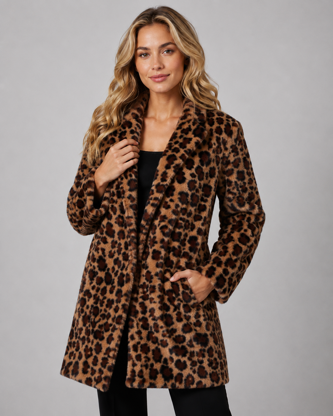 Women's Leopard Print Coat - Longline Faux Fur Relaxed Fit