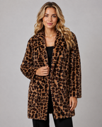 Women's Leopard Print Coat - Longline Faux Fur Relaxed Fit