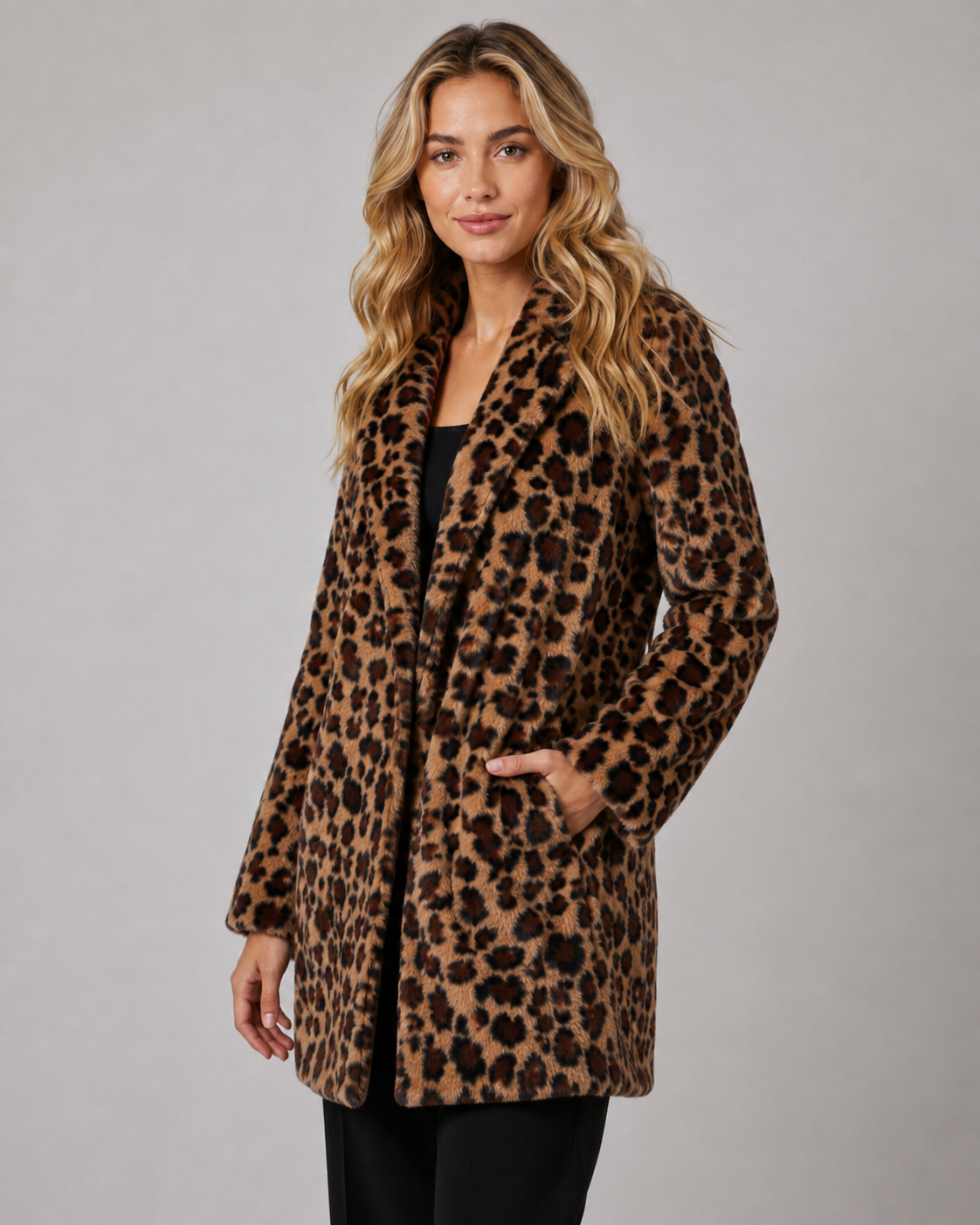 Women's Leopard Print Coat - Longline Faux Fur Relaxed Fit