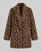 Women's Leopard Print Coat - Longline Faux Fur Relaxed Fit