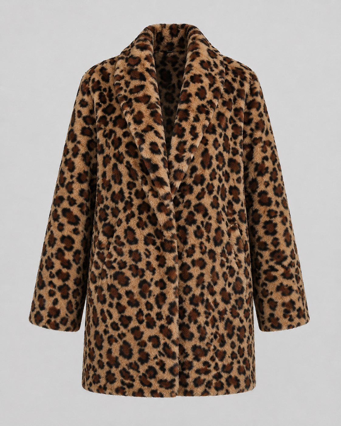Women's Leopard Print Coat - Longline Faux Fur Relaxed Fit