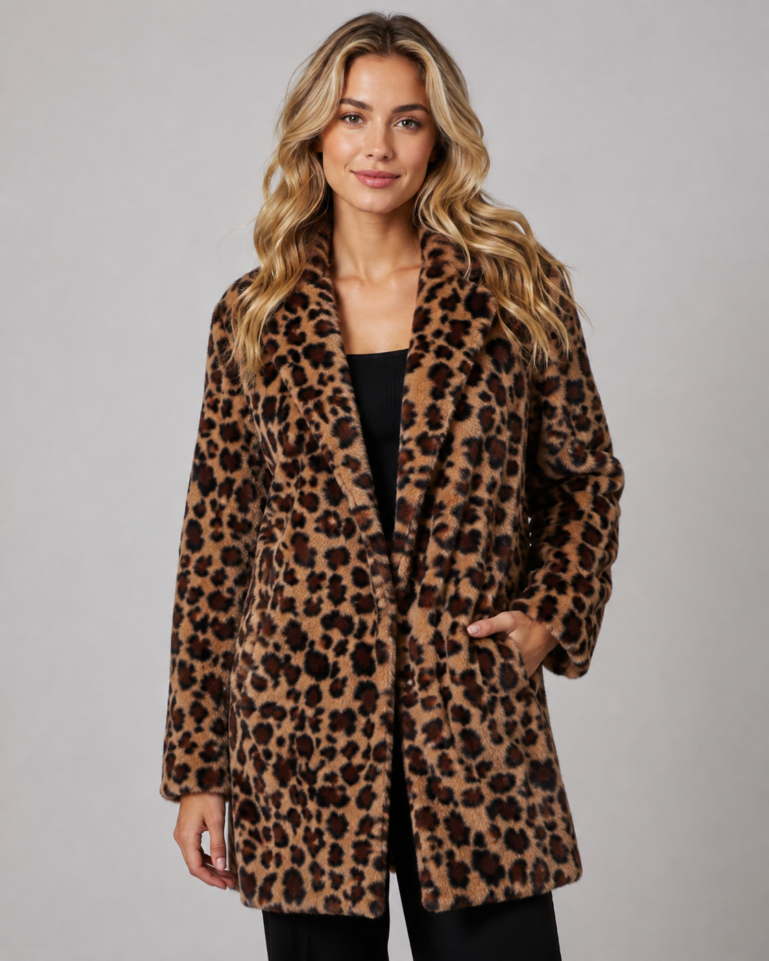 Women's Leopard Print Coat - Longline Faux Fur Relaxed Fit