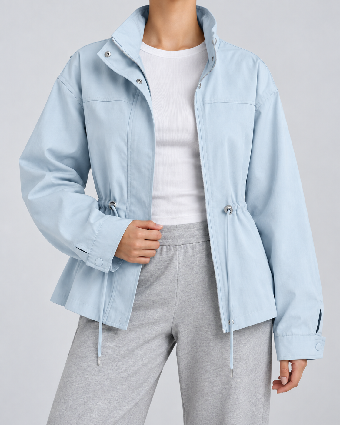 Women's Lightweight Drawstring Waist Jacket - Stand Collar Zip Front