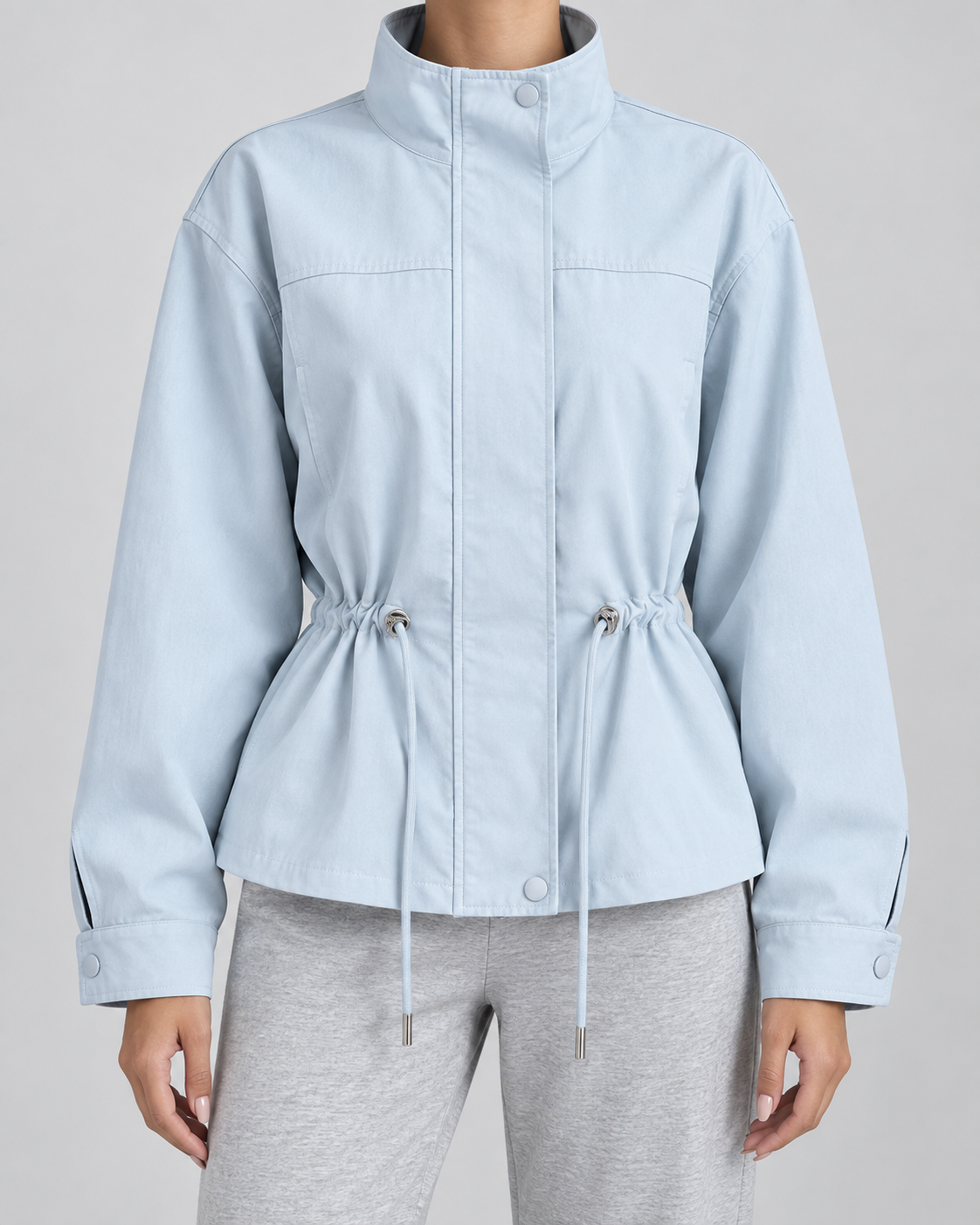 Women's Lightweight Drawstring Waist Jacket - Stand Collar Zip Front