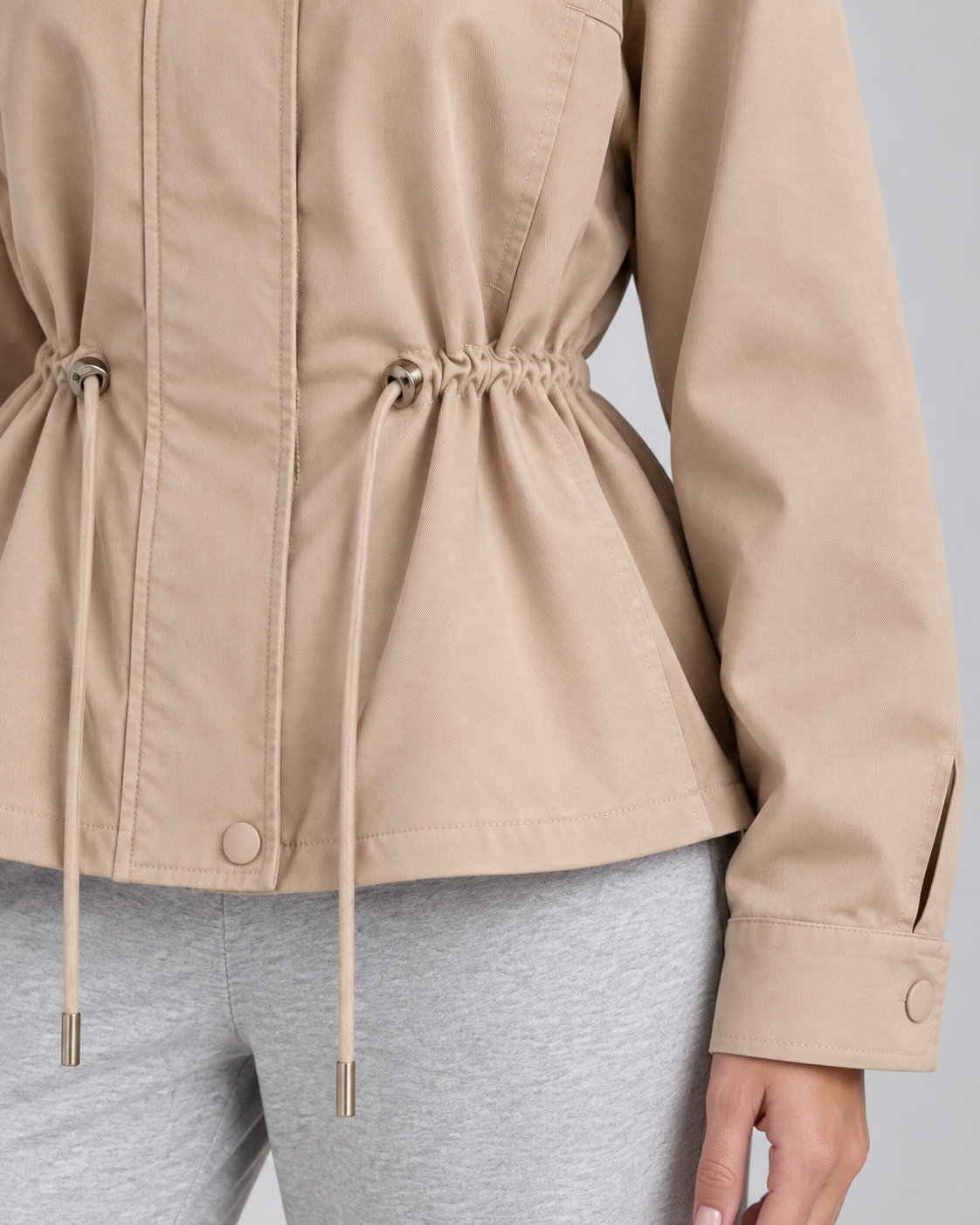 Women's Lightweight Drawstring Waist Jacket - Stand Collar Zip Front