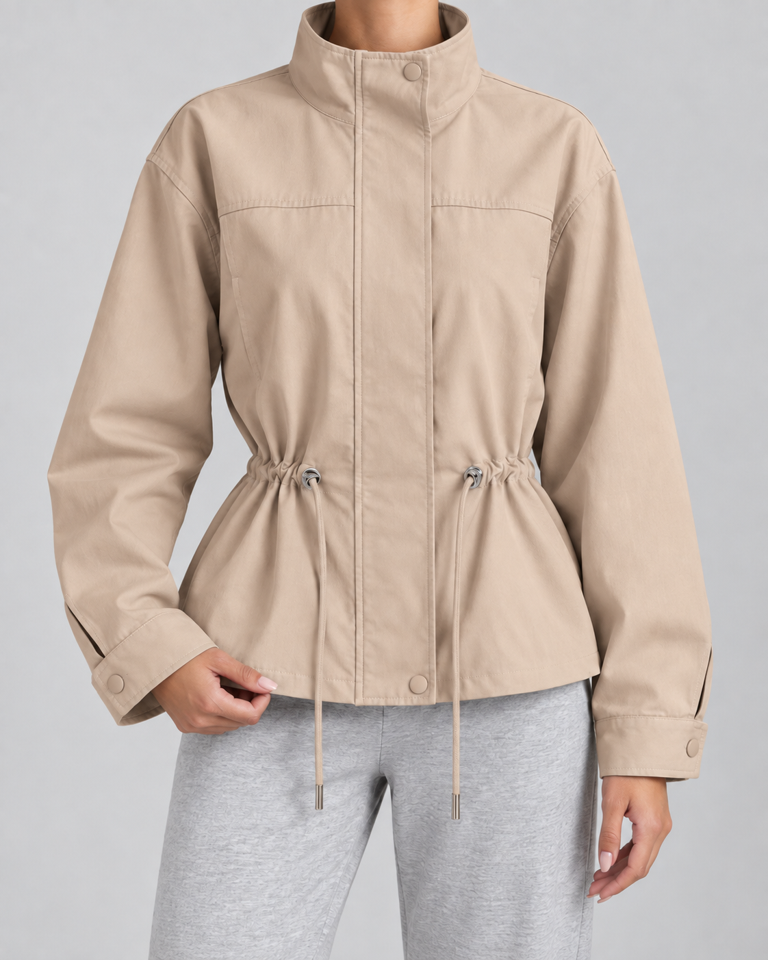 Women's Lightweight Drawstring Waist Jacket - Stand Collar Zip Front