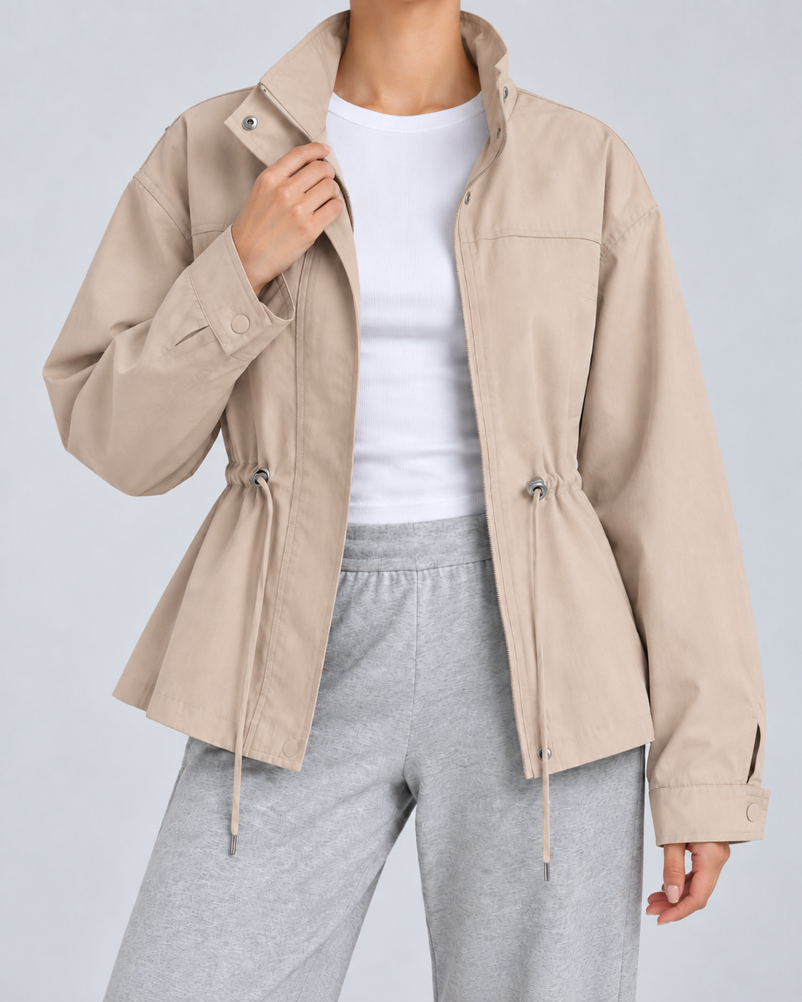 Women's Lightweight Drawstring Waist Jacket - Stand Collar Zip Front