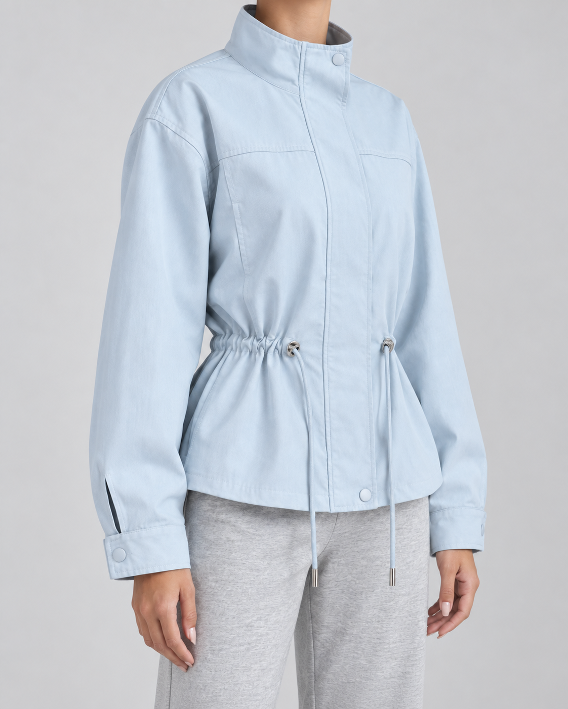 Women's Lightweight Drawstring Waist Jacket - Stand Collar Zip Front