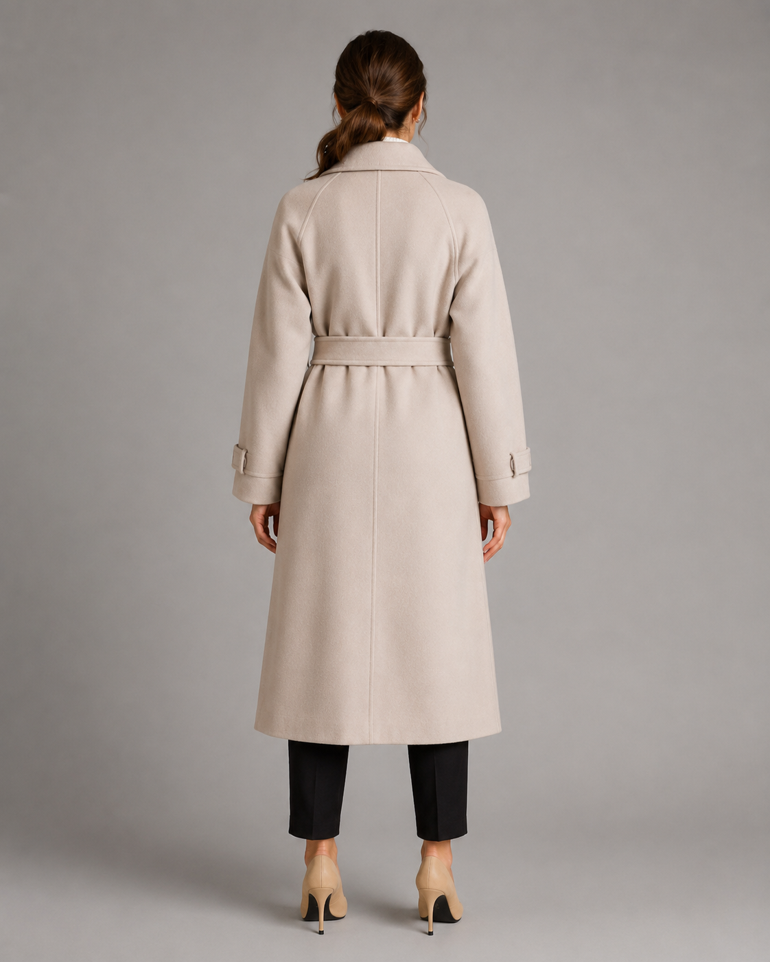Women's Long Belted Coat - Double-Breasted Notch Lapel