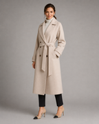 Women's Long Belted Coat - Double-Breasted Notch Lapel