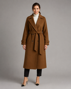 Women's Long Belted Coat - Double-Breasted Notch Lapel