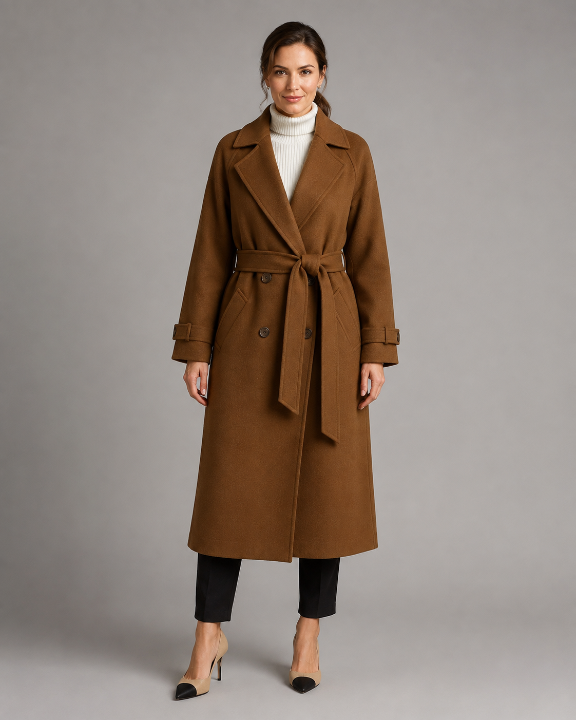 Women's Long Belted Coat - Double-Breasted Notch Lapel