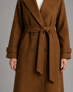 Women's Long Belted Coat - Double-Breasted Notch Lapel