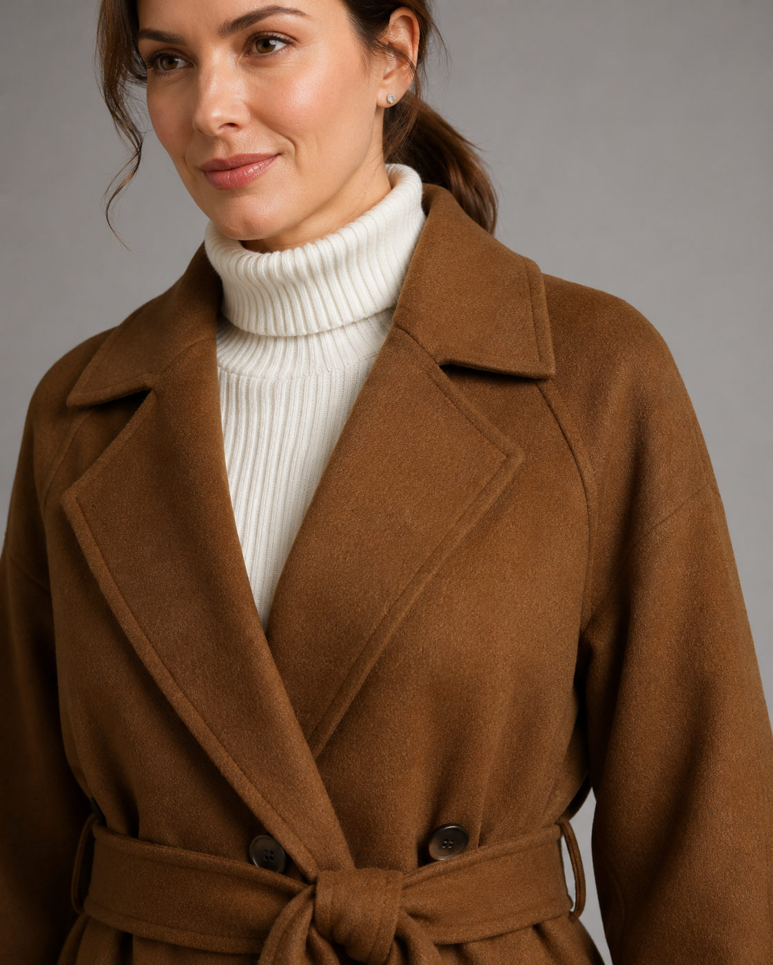 Women's Long Belted Coat - Double-Breasted Notch Lapel