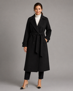 Women's Long Belted Coat - Double-Breasted Notch Lapel