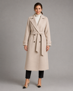 Women's Long Belted Coat - Double-Breasted Notch Lapel
