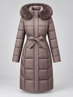 Women's Long Belted Puffer Coat with Hood and Plush Fur-Look Trim
