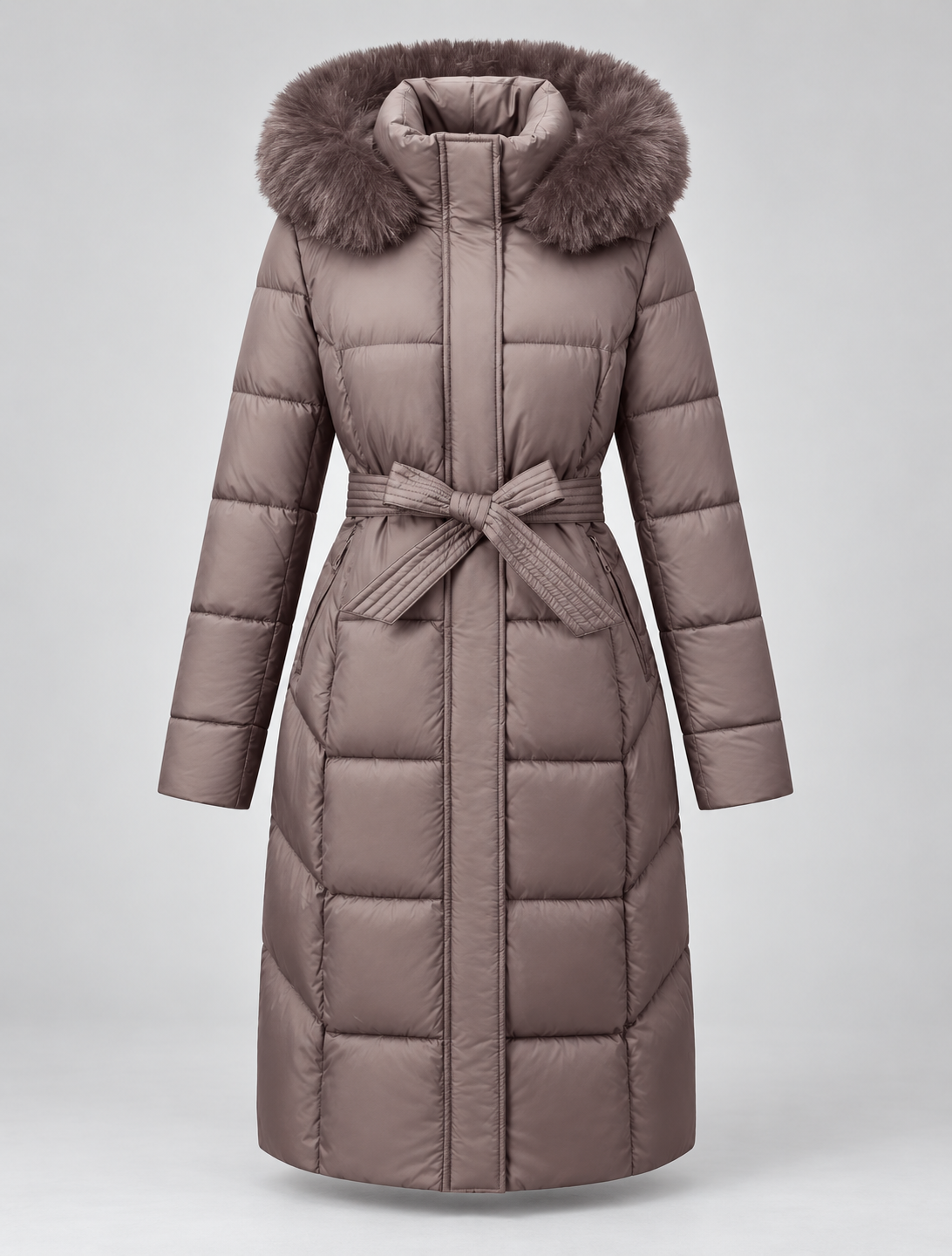 Women's Long Belted Puffer Coat with Hood and Plush Fur-Look Trim