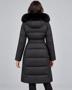 Women's Long Belted Puffer Coat with Hood and Plush Fur-Look Trim