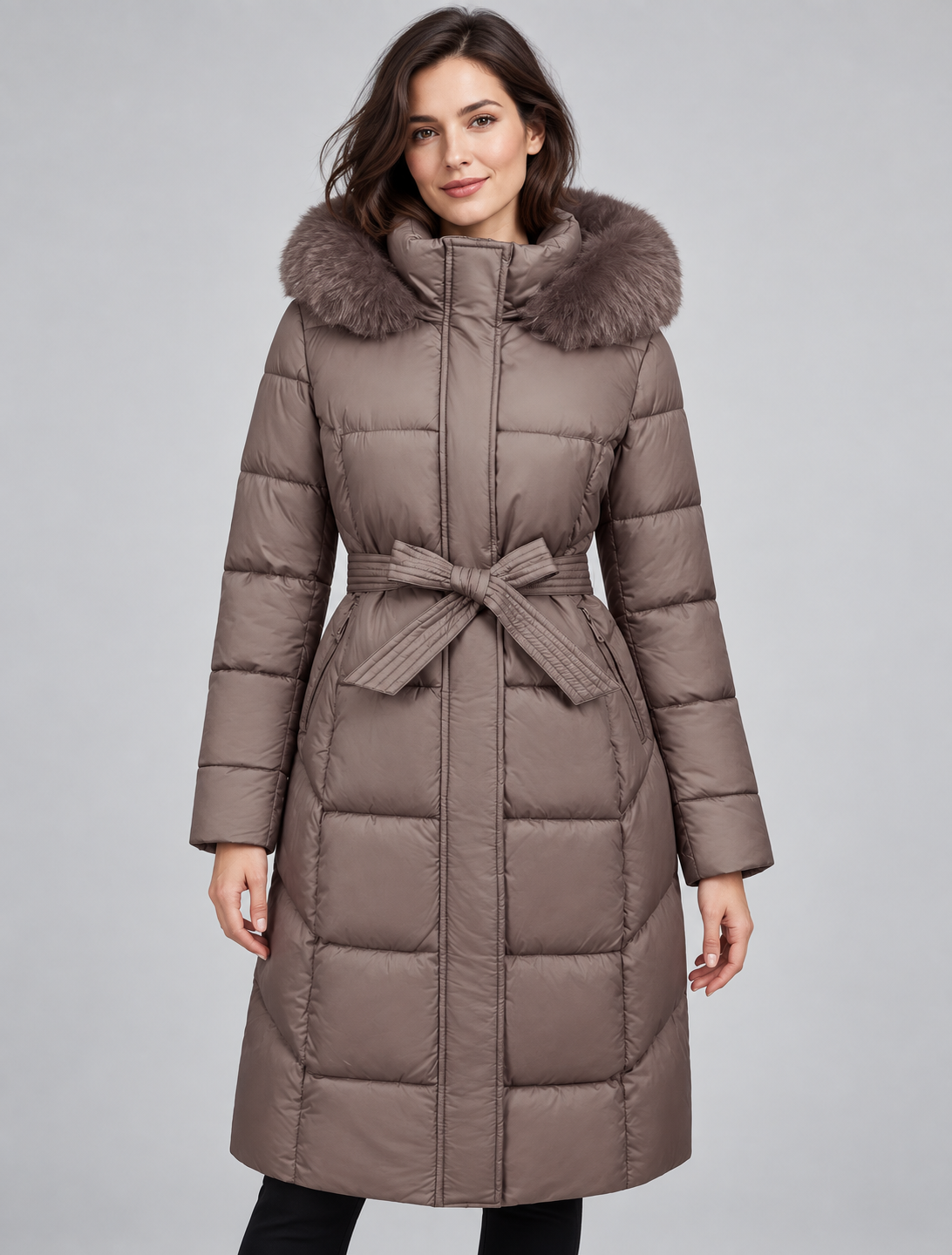 Women's Long Belted Puffer Coat with Hood and Plush Fur-Look Trim