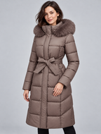 Women's Long Belted Puffer Coat with Hood and Plush Fur-Look Trim