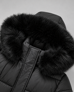 Women's Long Belted Puffer Coat with Hood and Plush Fur-Look Trim