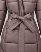 Women's Long Belted Puffer Coat with Hood and Plush Fur-Look Trim