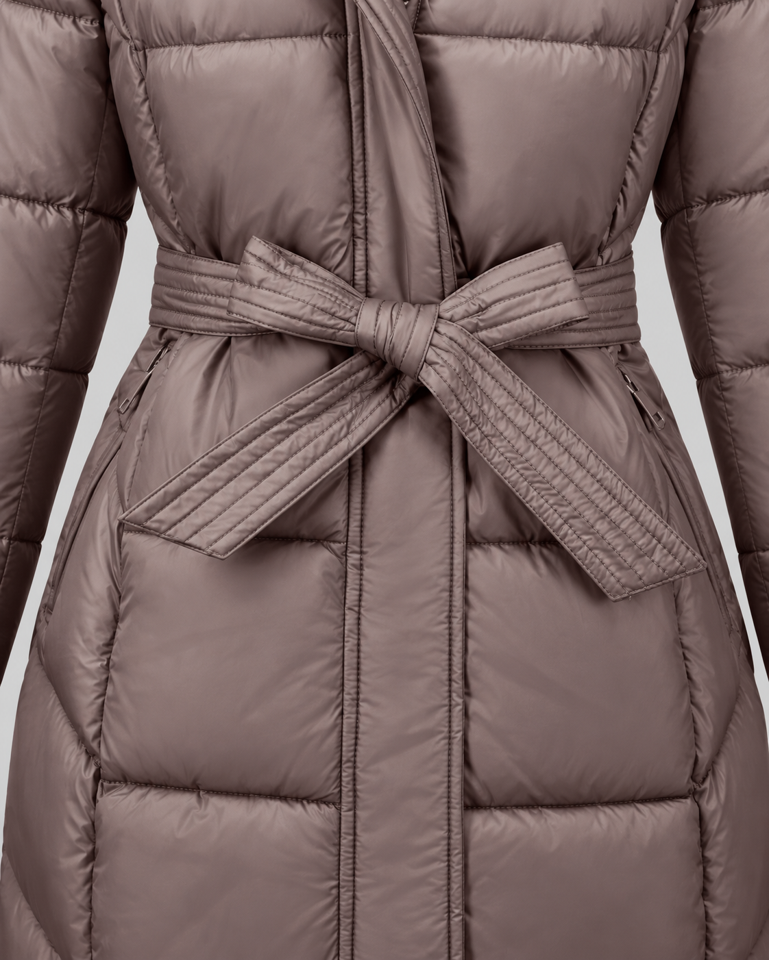 Women's Long Belted Puffer Coat with Hood and Plush Fur-Look Trim