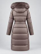 Women's Long Belted Puffer Coat with Hood and Plush Fur-Look Trim