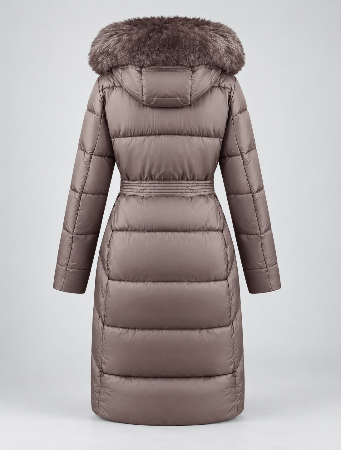 Women's Long Belted Puffer Coat with Hood and Plush Fur-Look Trim