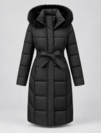 Women's Long Belted Puffer Coat with Hood and Plush Fur-Look Trim