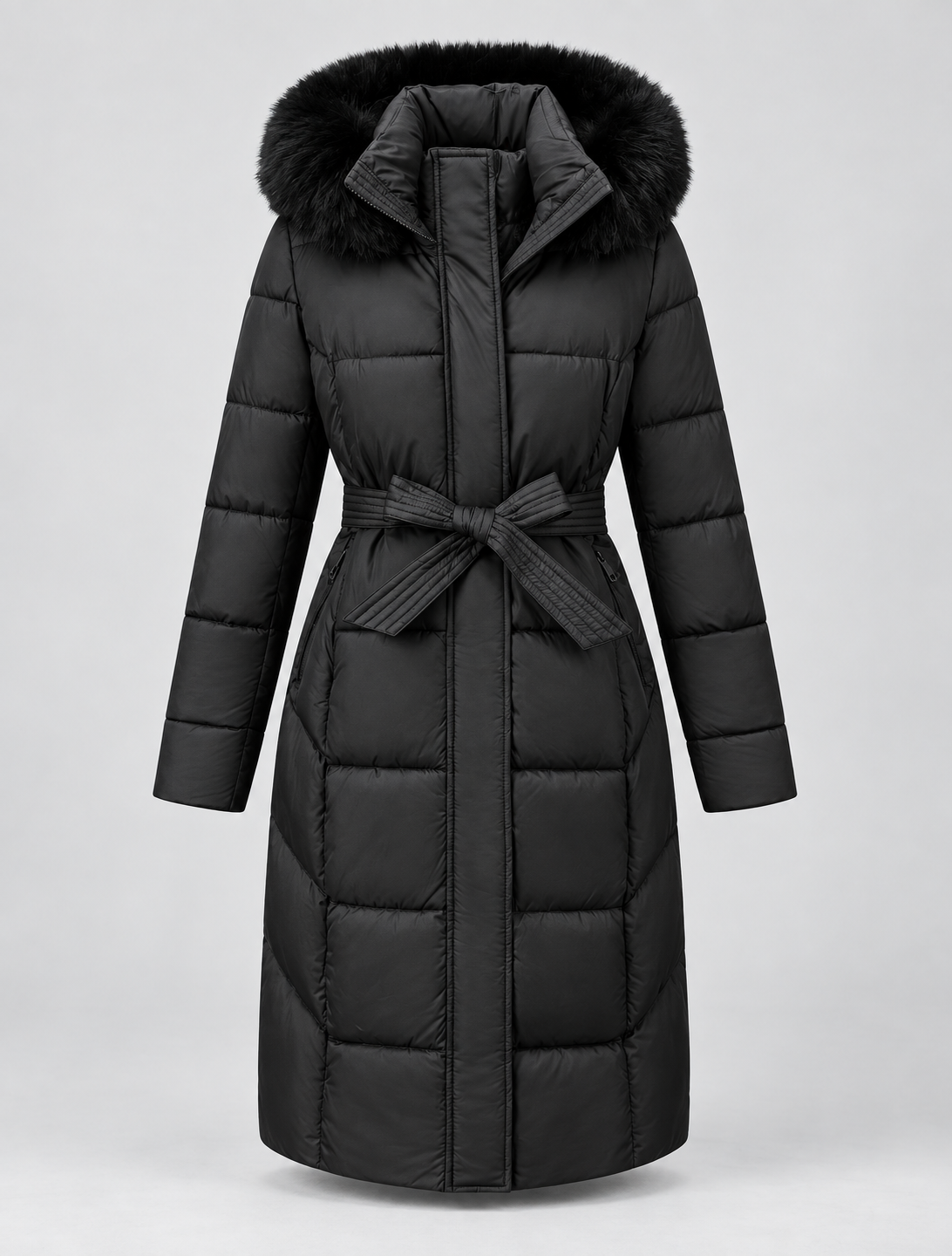 Women's Long Belted Puffer Coat with Hood and Plush Fur-Look Trim