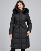 Women's Long Belted Puffer Coat with Hood and Plush Fur-Look Trim