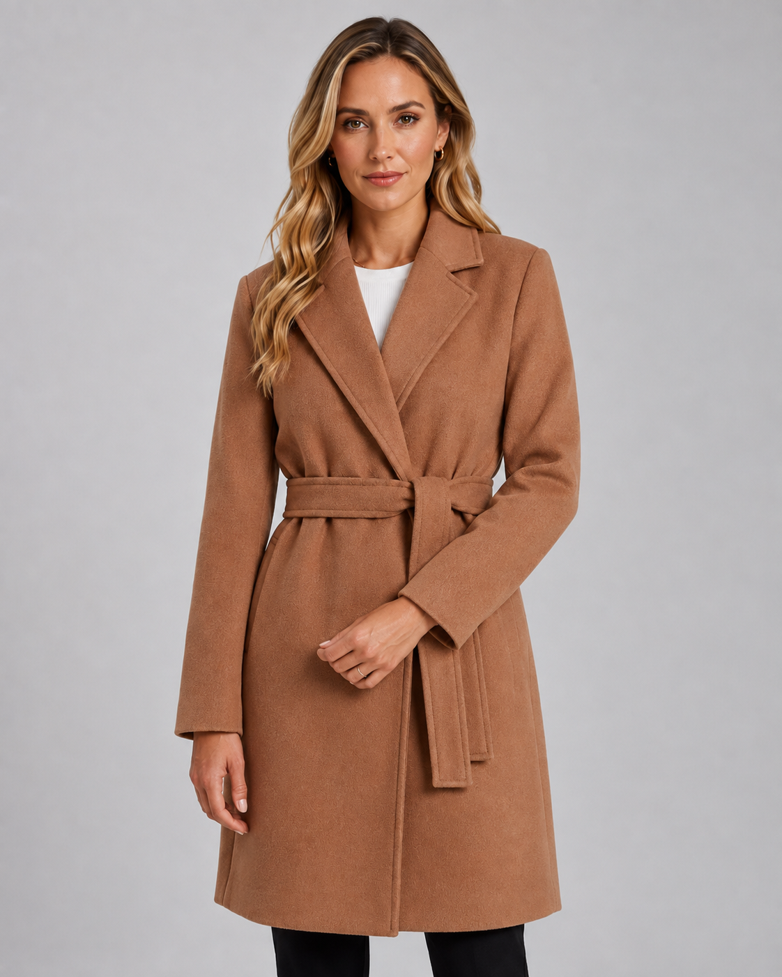 Women's Long Belted Wrap Coat - Lapel Collar Tie Waist